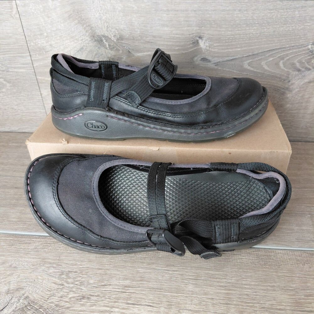 Chaco Mary Janes Devotee Shoe Women 8.5 Black Leather Nylon Slip On Outdoor Hike